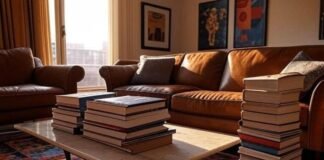 Coffee Table Fashion Books That Double as Decor (My Actual Favorites) A high-res photo of a cozy Queens NYC living room with a worn leather sofa, a funky patterned rug