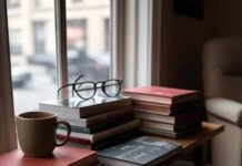 Fashion Books That Changed the Way We Dress a cozy NYC apartment window seat with a stack of fashion books, coffee mug, and vintage glasses