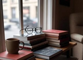 Fashion Books That Changed the Way We Dress a cozy NYC apartment window seat with a stack of fashion books, coffee mug, and vintage glasses