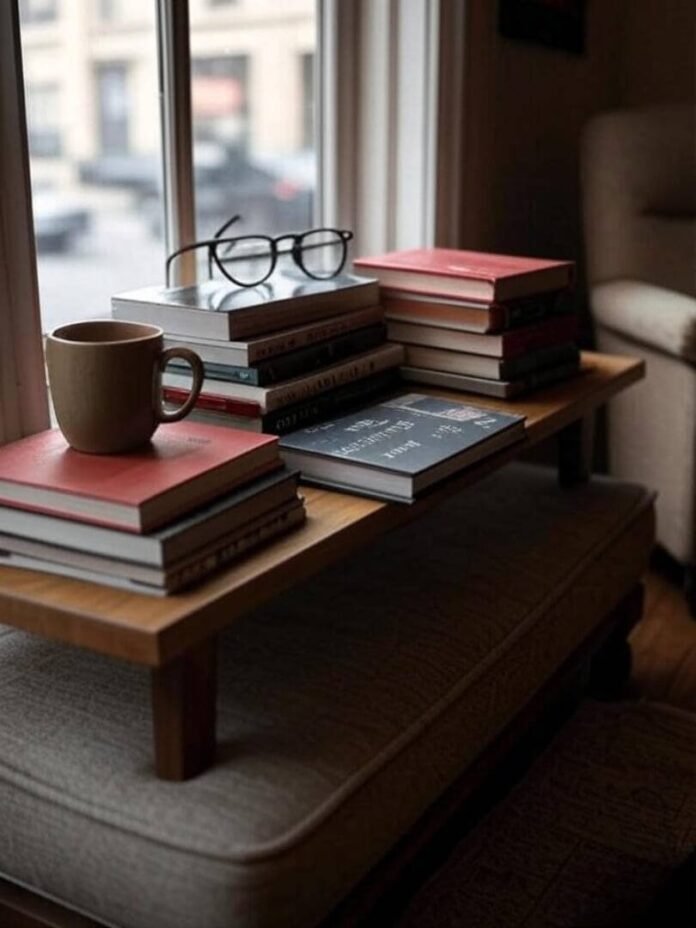a cozy NYC apartment window seat with a stack of fashion books, coffee mug, and vintage glasses